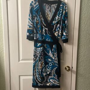 Alfani Blue/Black/Yellow/White Long sleeve v-neck paisley wrap dress size XL